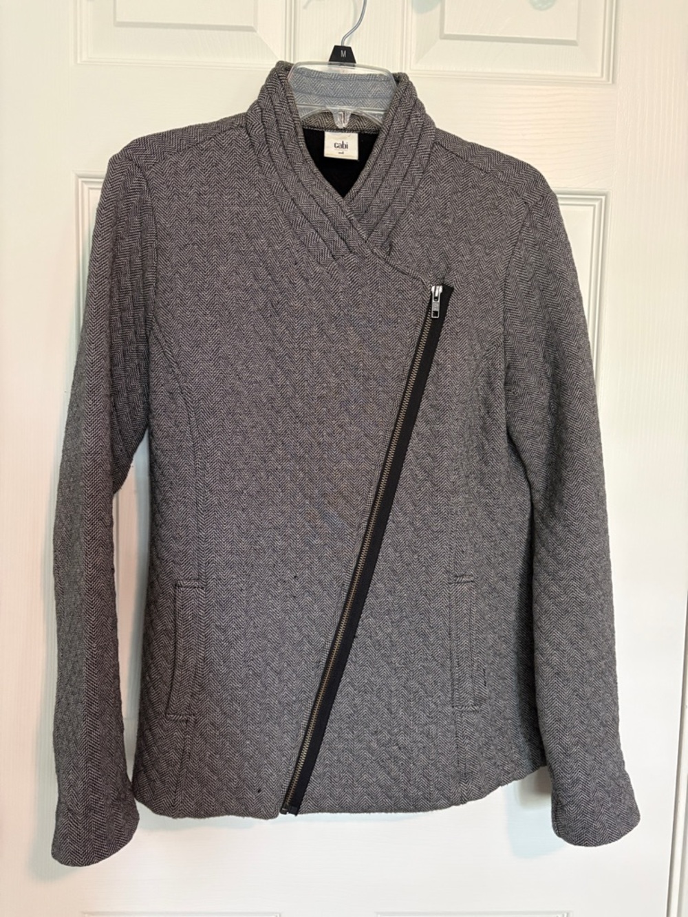 CAbi Gray Quilted Asymmetrical Zip Shawl Collar Sweater